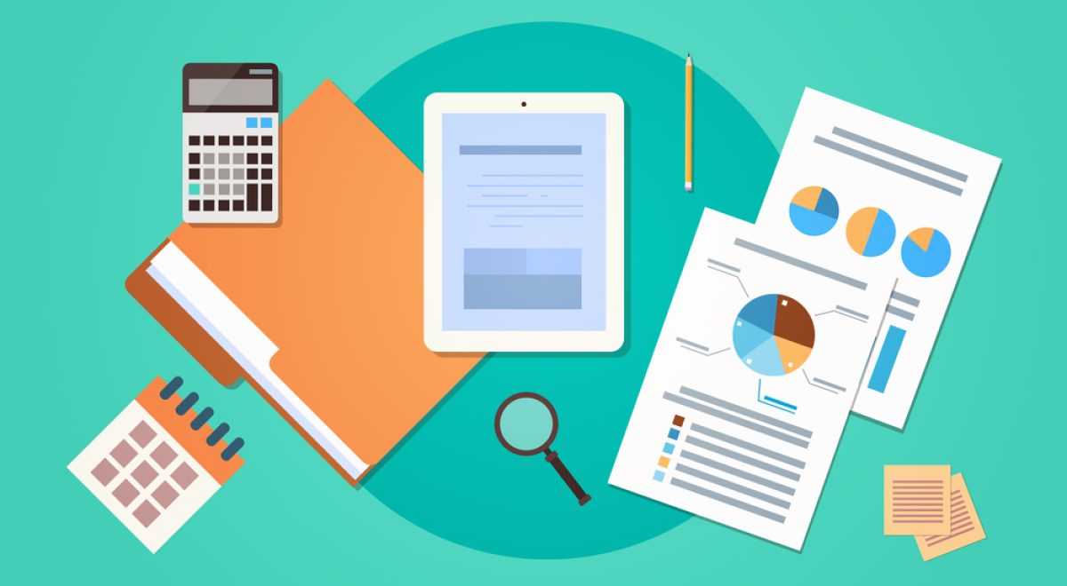 Workplace Desk Top Angle View Tablet Computer With Paper Documents Reports Finance Graph Flat Vector Illustration